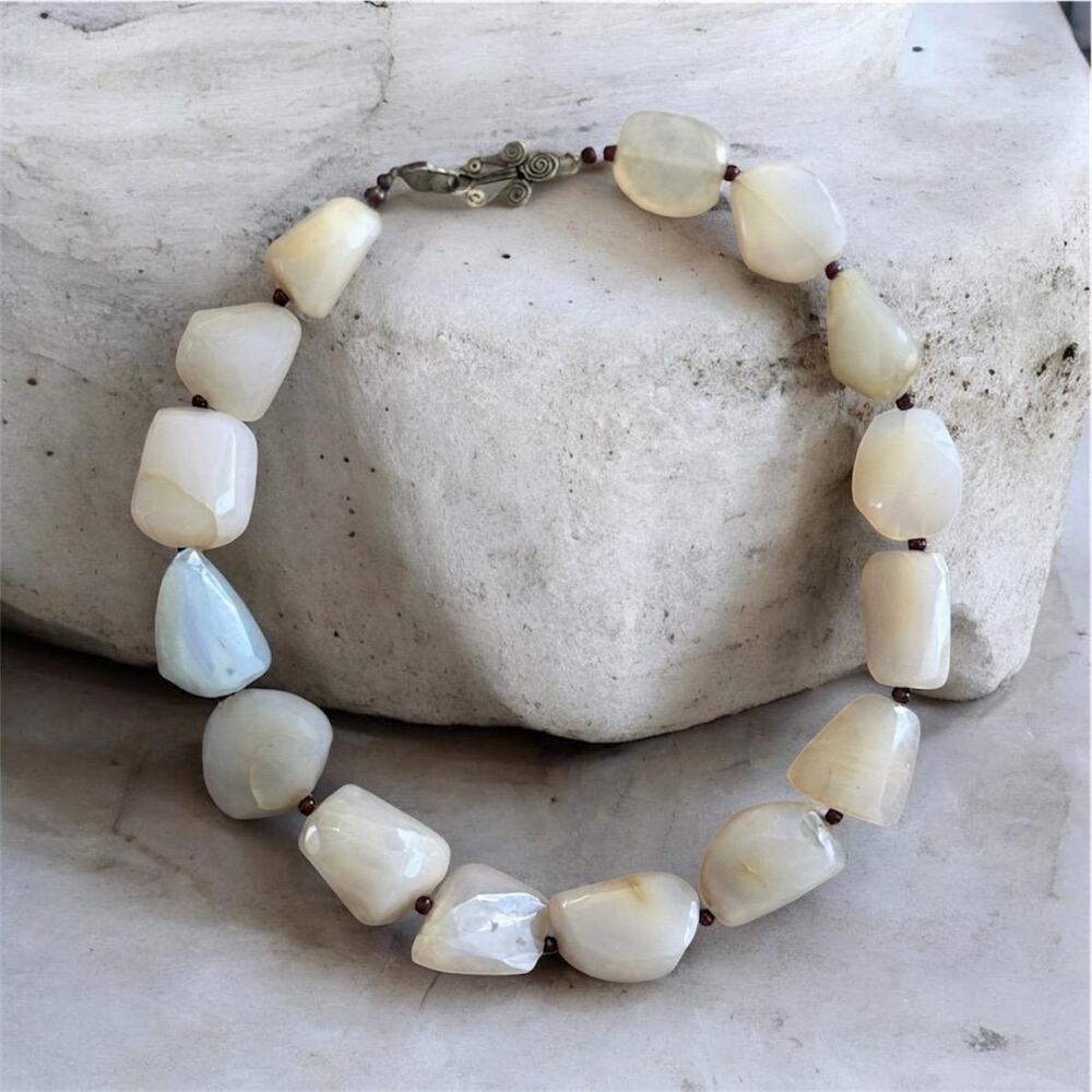 Milky Agate Statement Necklace: Brutalist Inspired, Artisan Sterling Clasp
